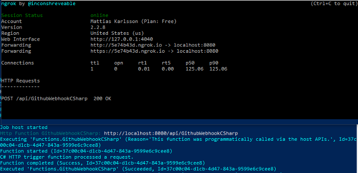 ngrok / Azure function host serving local function