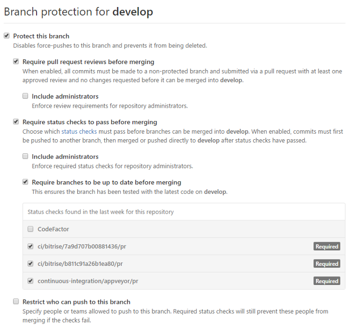 GitHub protected branches settings