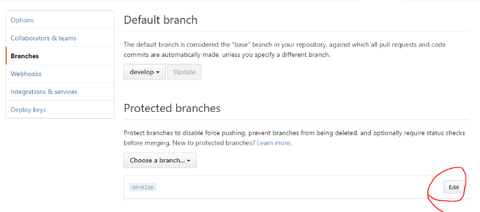GitHub branches settings