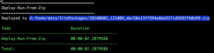 Deploy Run From Zip Cake console output log