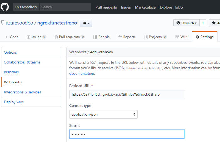 Setting up webhook on GitHub