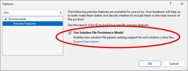 Visual Studio Tools Options - Enable SLNX